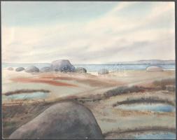 Olimar Kallas (1929-2006): Rannamotiiv IV. Akvarell, papír, jelzett, hátoldalán a művész autográf soraival, 24x30 cm