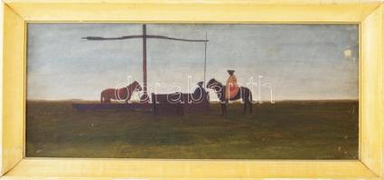 Kurucz D. István (1914-1996): Alkonyat a Hortobágyon, 1964. Olaj, farost, jelezve jobbra lent, hátoldalán Kurucz D. István autográf feliratával, apró felületi sérülésekkel, fakeretben, hátoldalon Képcsarnok Vállalat címkéjével, 30x70 cm