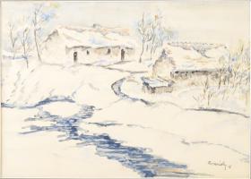Olvashatatlan jelzéssel: Téli táj, 1978. Akvarell, papír. Kissé kopott fakeretben. 34x48,5 cm