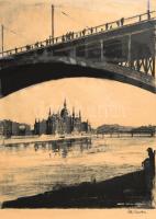 Ék Sándor (1902-1975): Dunánál (Budapest). Litográfia, papír, jelzett a litográfián, lap alja kissé foltos. Dekoratív, üvegezett keretben, 50×38 cm