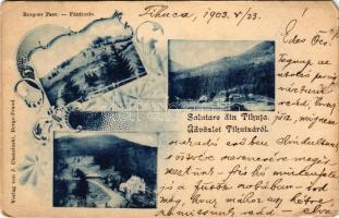 1903 Tihuca, Tihuta (Báránykő, Piatra Fantanel); Borgoer Pass, Fantinele / Borgói hágó. J. Chencinski kiadása (Borgóprund) / mountain pass. Art Nouveau, floral (EM)