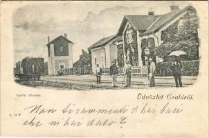 1906 Csata, Cata; vasútállomás, gőzmozdony. LDF / railway station, locomotive + " P.NÁNA - G.BERZENCZE 87. SZ. A" vasúti mozgóposta bélyegző (EB)