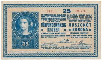 1918. 25K "3139" sorozat- és "199776" sorszámmal, 3mm, hullámos hátlappal T:F, szép papír Hungary 1918. 25 Korona "3139" 3mm with wavy backside C:F, fine paper Adamo K22/3