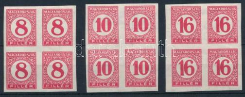 1929 Pengő-filléres portó II. vágott sor négyestömbökben vékony papíron (60.000) (ráncok) / Mi P 113-115 imperforate blocks of 4 on thin paper (creases)