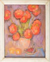 Tallós Ilona (1918-1991): Csendélet. Olaj, farost, jelezve balra fent, fakeretben, 36×28,5 cm