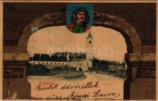 1903 Csáktornya, Cakovec; Zrínyi vár. Szecessziós keret Zrínyi Miklóssal. Fischel Fülöp (Strausz Sándor) kiadása / castle. Art Nouveau, litho frame (EK)