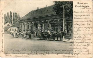 1904 Boksánbánya, Románbogsán, Németbogsán, Deutsch-Bogsan, Bocsa Montana; Waarenhaus Johann Vuk / Vuk János üzlete, hintó, kerékpár / shop, horse-drawn carriage, bicycle + "RESICZA - VOJTEK 95. SZ. A" vasúti mozgóposta bélyegző (kis szakadás / small tear)