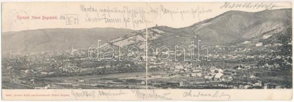 1901 Boksánbánya, Románbogsán, Németbogsán, Deutsch-Bogsan, Bocsa Montana; látkép, vasútállomás. Rosner Adolf kiadása, 2-részes kihajtható panorámalap / general view with railway station. 2-tiled folding panoramacard (hajtásnál szakadt / torn at fold)