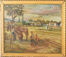 Platthy György (1908-2003): Falusi kovács, 1954. Olaj, vászon, jelezve jobbra lent, hátoldalán Platthy György autográf feliratával, dekoratív fakeretben, 54x65 cm