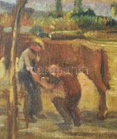 Platthy György (1908-2003): Falusi kovács, 1954. Olaj, vászon, jelezve jobbra lent, hátoldalán Platt...