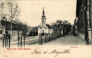 1904 Boksánbánya, Románbogsán, Németbogsán, Deutsch-Bogsan, Bocsa Montana; Hauptplatz / Fő tér, templom / main square, church (fl)