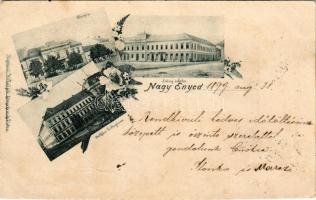 1899 (Vorläufer) Nagyenyed, Aiud; Városháza, Leányiskola, Bethlen Collegium. Wokál kiadása / town hall, girls' school, Calvinist boarding school. Art Nouveau, floral (vágott / cut)