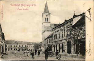 1904 Nagyenyed, Aiud; Piaci részlet, városháza, templom, Winkler János üzlete. Földes E. kiadása / market square, town hall, church, shops (fl)