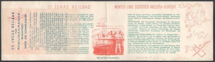 cca 1930-1940 Budapest, Szent Lukács Gyógyfürdő német nyelvű prospektus, Klösz nyomás, egyik sarkán ...
