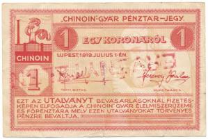 Újpest / Chinoin-gyár 1919. 1K "ÉRVÉNYTELEN" felülbélyegzéssel, a hátlap helyett az előlapon T:F,VG beszakadás / Hungary / Újpest / Chinoin Factory 1919. 1 Korona "ÉRVÉNYTELEN (Invalid)" overprint, on the front instead of the back C:F,VG tear Adamo ÚJP-2.1.2.var
