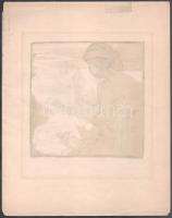 Brangwyn, Frank (1867-1956): Hölgy tájban (woman in a landscape). Litográfia, papír, jelzett, az 1900-ban megjelent Das Mappenwerk der Insel, Lipcse. Lap széle kissé sérült. 19,5x19 cm.