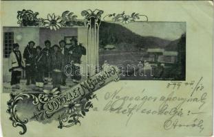 1899 (Vorläufer) Máramarossziget, Sighetu Marmatiei; Makerlói vízfogó, gát, tutajos oroszok / Macarlau dam, Russian rafters. Art Nouveau, floral (vágott / cut)