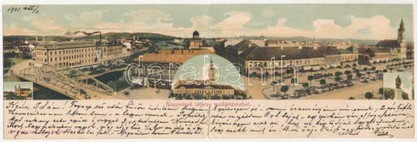 1901 Nagyvárad, Oradea; látkép madártávlatból, zsinagóga, híd, piac, Janky Antal, Goldman, Horváth István, Klein üzlete, Gazdasági Iparbank. Lang József kiadása, 2-részes kihajtható panorámalap / general view with synagogue, bridge, market, shops, bank, etc. 2-tiled folding panoramacard (hajtásnál szakadt / torn at fold)