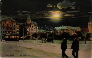 1915 Nagyvárad, Oradea; Szent László tér este holdfényben, villamos, Fekete Sas szálloda, Vigadó mozgó, mozi / square at night in moonlight, tram, hotel, cinema (EK)