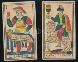 2 db antik, kézzel színezett játék kártya, feltehetően XIX. sz. második fele, 11×6 cm