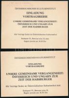 cca 1980-1990 2 db meghívó az Österreichisches Kulturinstitut keretében megrendezett előadásokra: Unsere gemeinsame vergangenheit: Österreich und Ungarn zur zeit der Habsburger (Közös múltunk: Ausztria és Magyarország a Habsburgok idején), az előadók aláírásaival: Friedrich Gottas, Benda Kálmán, Niederhauser Emil, Mikó Marianne, Tóth Béla, Németh G. Béla.