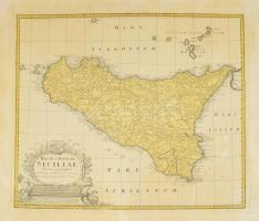 [Szicília színezett rézmetszetű térképe] Homann Heirs: 1747 Regni &amp; Insulae Siciliae Tabula geographica, ex Archetypo graniori in hoc compendium redata . . . Ao. 1747 . / copper plate map of Sicily 463x540 mm