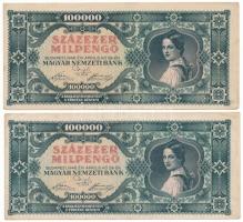 1946. 100.000MP (2x) viszonylag közeli sorszámok "B 175 022021 + B 175 022066" T:VF-F, szép papír, sarokhajlás Adamo P30