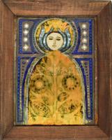 Oskóné Bódi Klára: Viráganya. Tűzzománc, jelzett fa keretben 17x12,5 cm