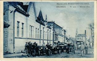 1929 Királyhelmec, Helmec, Kralovsky Chlumec; Fő utca, automobilok, autóbusz, templom. Klein József kiadása / main street, automobiles, autobus, church (Rb)