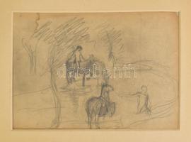 Jelzés nélkül (Kernstok Károly?): Itatás. Ceruza, papír. Sérült. Foltos. Paszpartuban. 25x35 cm