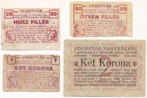 Szigetvár 1920. 20f + 50f + 1K + 2K, mindegyik hátlapján "SOMOGY VÁRMEGYE SZIGETVÁR KÖZSÉG" bélyegzéssel és aláírással T:F-G / Hungary / Szigetvár 1920. 20 Fillér + 50 Fillér + 1 Korona + 2 Korona, all with "SOMOGY VÁRMEGYE SZIGETVÁR KÖZSÉG" cancellations and signatures C:F-G Adamo SZI-1.1 - 1.4