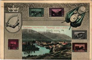 1914 Trebinje, Bilekerstrasse. Verlag von Todor T. Perovic / general view, set of Bosnian stamps, coat of arms. Art Nouveau frame (EK)