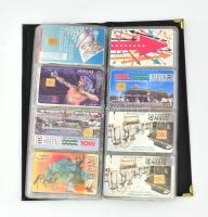 100 db telenfonkártya és feltöltőkártya használt gyűjtemény, bőr berakóban