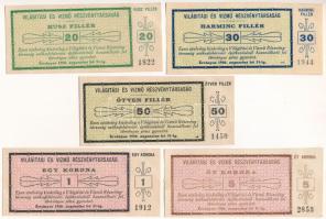 Székesfehérvár ~1920. "Világítási és Vízmű Részvénytársaság" 20f + 30f + 50f + 1K + 5K T:UNC,AU / Hungary / Székesfehérvár ~1920. "Lighting and Waterworks Joint Stock Company" 20 Fillér + 30 Fillér + 50 Fillér + 1 Korona + 5 Korona C:UNC,AU Adamo SZF-1.1, 1.2, 1.3, 1.4, 1.6