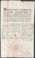 1807 Buda, Görgey (Görgei) Márton (1740-1807) pécsi püspök által kiállított latin nyelvű okirat, rajta Görgey Márton és Betzelt Ferenc titkár aláírásával, papírfelzetes viaszpecséttel, kis lapszéli sérülésekkel