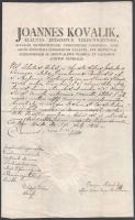 1814 Buda, Koválik János (1770-1821) tribunici választott püspök, esztergomi érseki helynök által kiállított latin nyelvű okirat, rajta Koválik János, Puchner József és Haulik György (1786-1869) érseki titkár, későbbi bíbornok és zágrábi érsek aláírásával, papírfelzetes viaszpecséttel