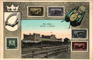 Bosanski Brod, Kolodvor / Bahnhof / railway station, set of Bosnian stamps, coat of arms. Art Nouveau frame (EK)