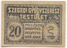 Szeged ~1920. 20f aprópénz helyettesítő jegy "Szegedi Gyógyszerész Testület", a hátlapon "Leinzinger Gyula" bélyegzéssel T:VF / Hungary / Szeged ~1920. 20 Fillér change-replacement ticket "Szeged Pharmacist Board" with "Leinzinger Gyula" cancellation on the back C:VF Adamo SZE-99.2.5