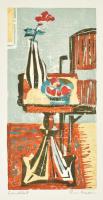 Rác András (1926-2013): Csendélet. Színes linómetszet, papír, jelzett, 35×17 cm