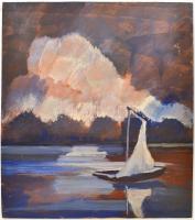 Balogh József Sándor (-): Vízparti alkony (vitorlás), 1984. Olaj, fa, jelzett a hátoldalán, 46×41,5 cm