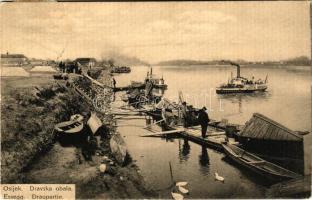 1911 Eszék, Essegg, Osijek; Dravska obala / Draupartie. Ledere &amp; Popper (Praha) / Dráva part, gőzhajó, halászok / rivershore, steamship, fishermen (kis szakadás / small tear)