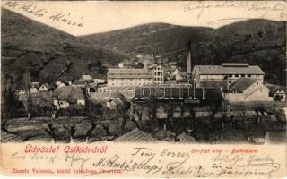 1902 Csiklovabánya, Csiklova, Csiklóbánya, Németcsiklova, Ciclova Montana (Oravica, Oravita); Sörfőző telep, sörgyár. Eiszele Valentin kiadása / Bierbrauerei / brewery, beer factory + "ORAVICZA - JASSENOVA 210. SZ." vasúti mozgóposta bélyegző (fl)