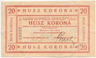 Sárospatak 1919. 20K szárazpecséttel, "02032" sorszámmal, aláírásokkal T:F / Hungary / Sárospatak 1919. 20 Korona with embossed stamp, "02032" serial number, signatures C:F Adamo SÁR-4.2