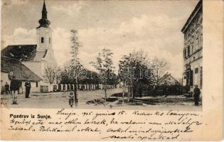 1905 Sunja, Pozdrav / utcakép / street + "BROD - NAGY-KANIZSA 62. SZ. " vasúti mozgóposta bélyegző (EK)