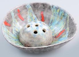 Bod Éva (1924-2004): ikebana váza. Mázas kerámia, kézzel festett, jelzett, hibátlan d: 21 cm