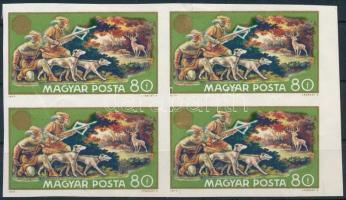 1971 Vadászati világkiállítás 80f vágott fázisnyomat négyestömbben, fekete színnyomat nélkül (ráncok, gyűrődések) / Mi 2666 imperforate phase print block of 4, black colour omitted (creases)