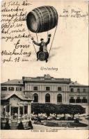 1905 Bad Gleichenberg (Steiermark), Im Fluge durch die Welt! Corso mit Kurhaus. Gustav Löwy &amp; Bruder 6686. / Flying gentleman drinking beer, montage with beer barrel airship, spa, pavilion (fa)
