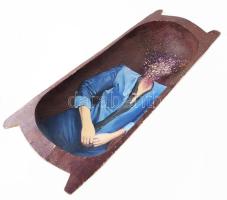 Barabás Márton (1952-): Teknő, 1975. Olaj, fa (teknő), hátoldalán jelzett és Kiállítási Intézmények-Műcsarnok kissé töredékes raglapjával. Kortárs képzőművészetünk kimagasló alakjának rendkívül korai, formabontó alkotása, amely a pop-arthoz is köthető. Apró felületi sérülésekkel. 95x37x46 cm. KIZÁRÓLAG SZEMÉLYES ÁTVÉTEL, NEM POSTÁZZUK / oil on wood, signed on the reverse, with minor damages on the surface. ONLY PERSONAL COLLECTION IN OUR OFFICE!