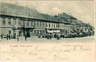 1901 Kolozsvár, Cluj; Deák utca napivásárral, piac, Stein János, Klenk Emília üzlete / street, market, shops (EB)