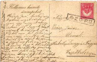 Húsvéti üdvözlet, olasz művészlap hölgy tojás kalappal és báránnyal /Easter greeting. Italian lady a...